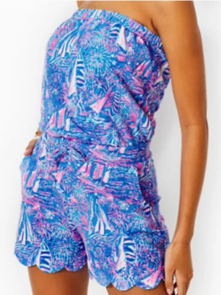Womens Lilly Pulitzer Jace Strapless Romper Boca Blue It's A Sailabration Sz Xs
